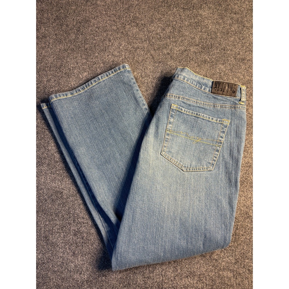 NY Jeans Women Petite 14 Blue Denim Stretch Flat Front Bootcut‎ Leg Medium Wash